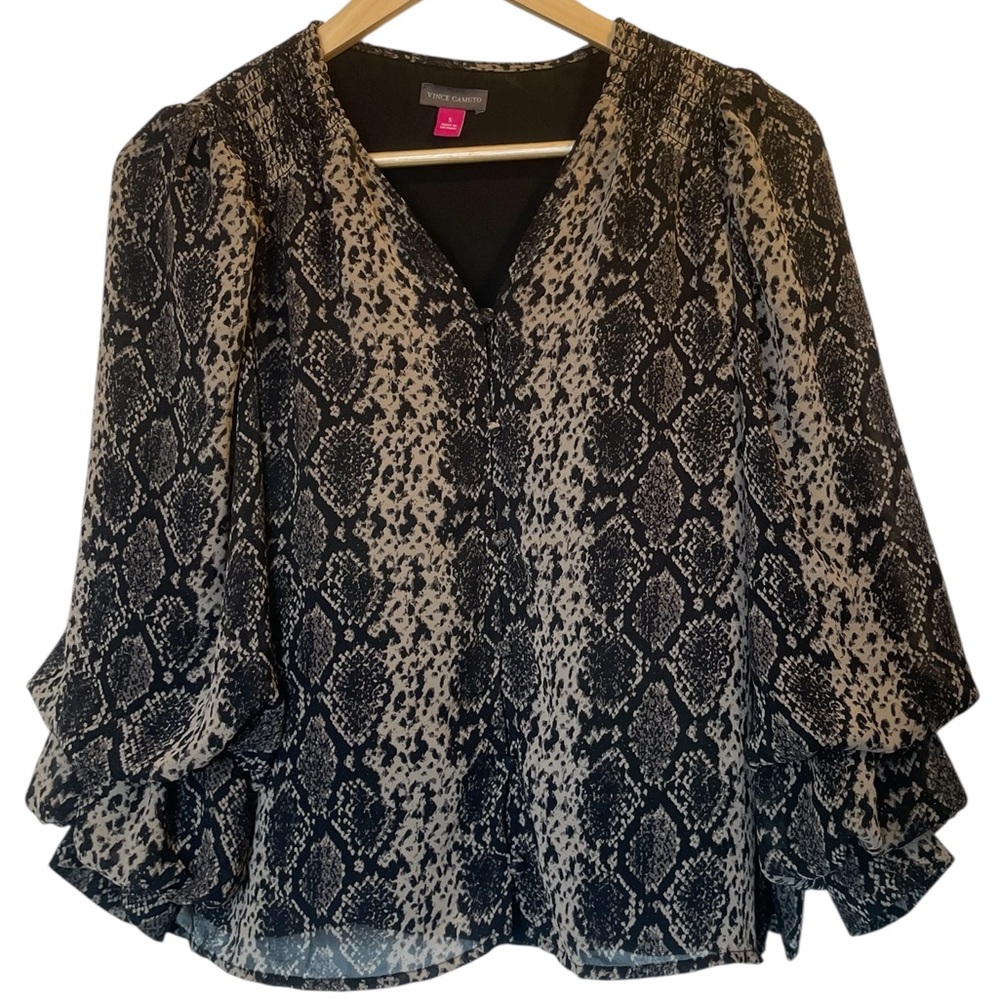 VINCE CAMUTO Black/Beige Snake Print Bishop Sleeve 3/4 Sleeve Blouse Top - Small - Picture 1 of 16